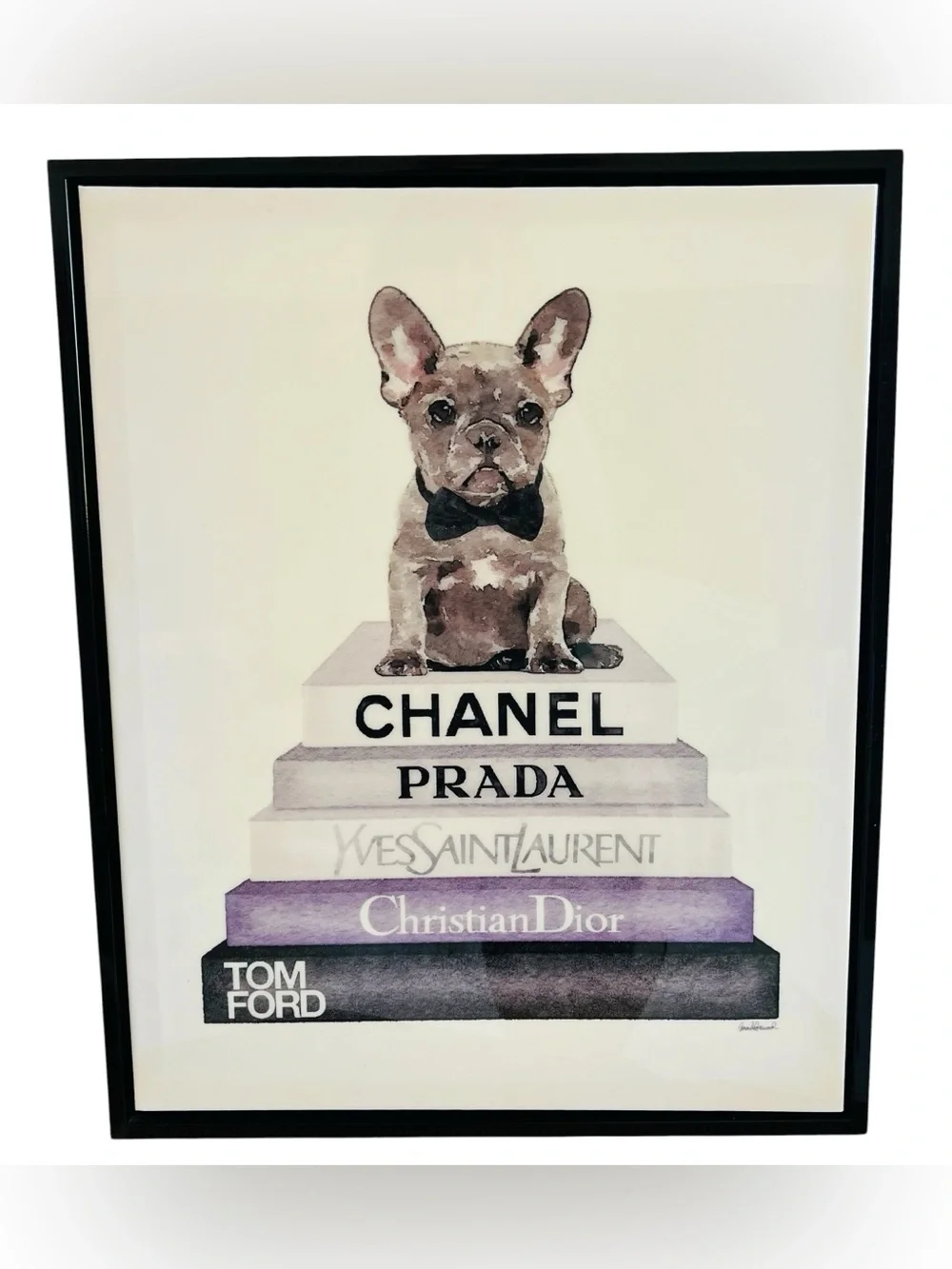 French Bulldog Sitting On Designer Books Canvas Frame Wall Art
